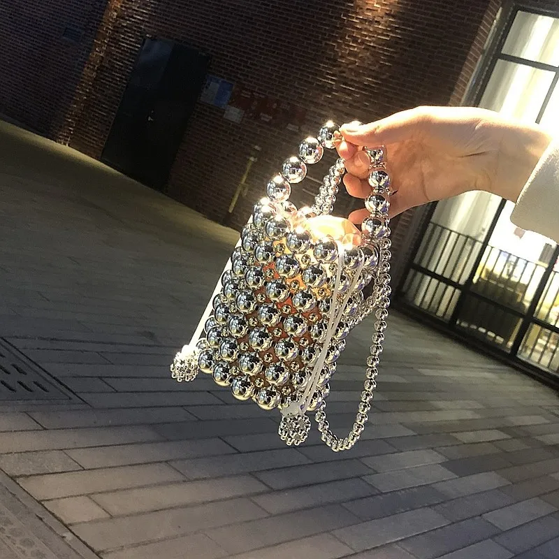 

Dinner Pearl Bag French Niche Same Style Beaded Pearl Small Bucket Bag round Barrel Handbag