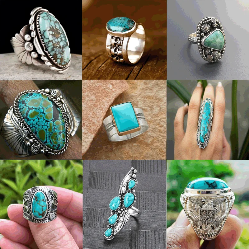

Bohemian Vintage Geometric Natural Zircon Turquoise Stone Ring Silver Color Inlay Flower Ring for Women Jewelry Anniversary Gift