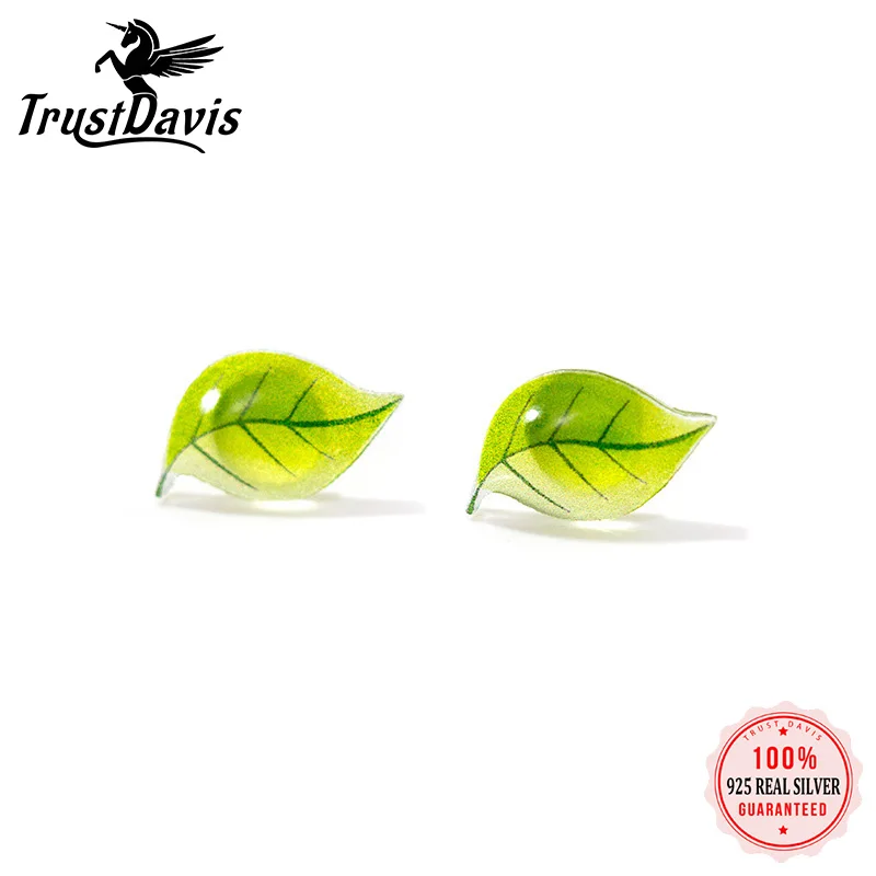 

TrustDavis 100% 925 Sterling Silver Sweet Green Leaves Leaf Stud Earring For Women Girl Friend Kid Silver 925 Jewelry ED438