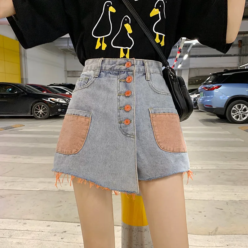 New High Waist All-match Ulzzang Comfortable Retro Fashion Women Shorts Leisure Chic Denim Short with Pockets Buttons Streetwear