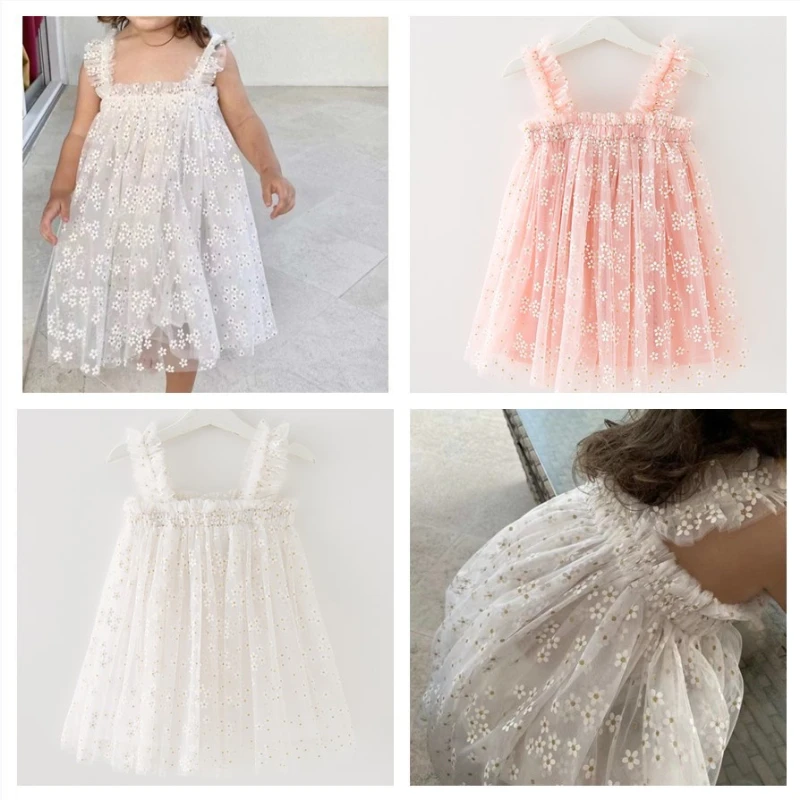 

Summer New Baby Dress for Girls Birthday Party Tulle Children Princess Dress Kids Clothing Girls Floral Cute Sleeveless Dresses