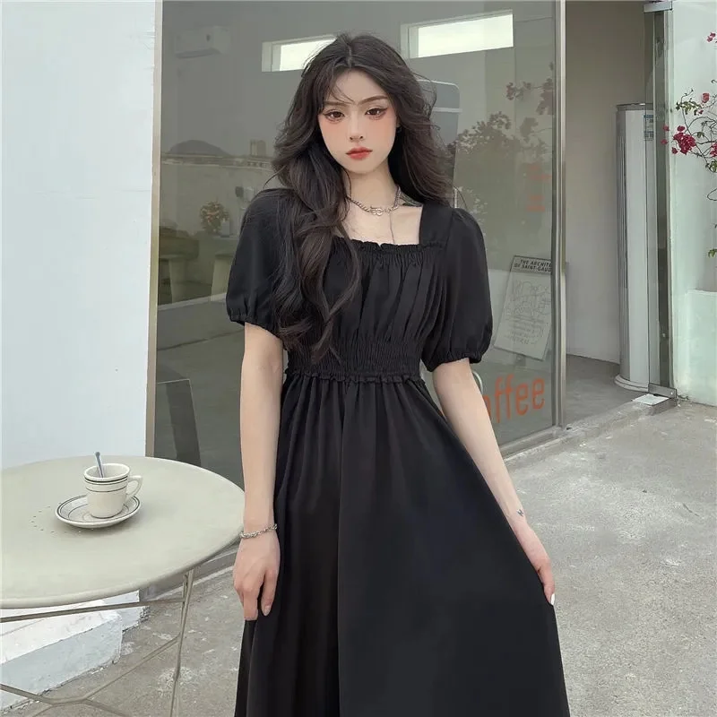 

Женское платье с высокой талией, эластичное черное платье с квадратным вырезом и драпировкой, длинная юбка с высокой талией, лето 2022