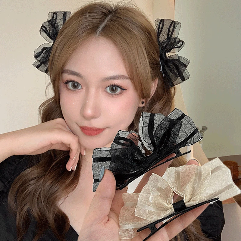 

Korean Girl Lace Bow Hairpin Super Fairy Retro Bowknot Mesh Side Clip Duckbill Clip Headdress Hairpin Hair Accessories Female