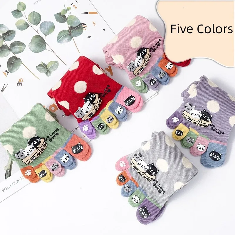 Separate Fingers Socks For Women Cute Things Cats New Autumn Winter Wide Loose Medium Tube Socks Dots Printed