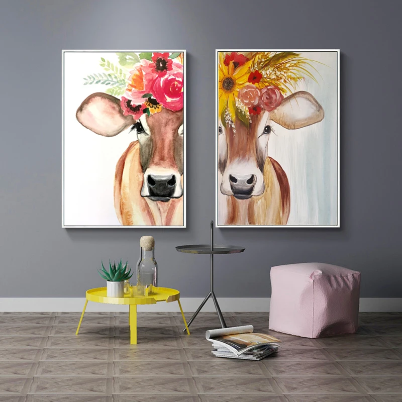 

Funny Animal Cow with Flowers Posters and Prints Canvas Painting Nordic Wall Art Pictures for Living Room Decor Home Decoration