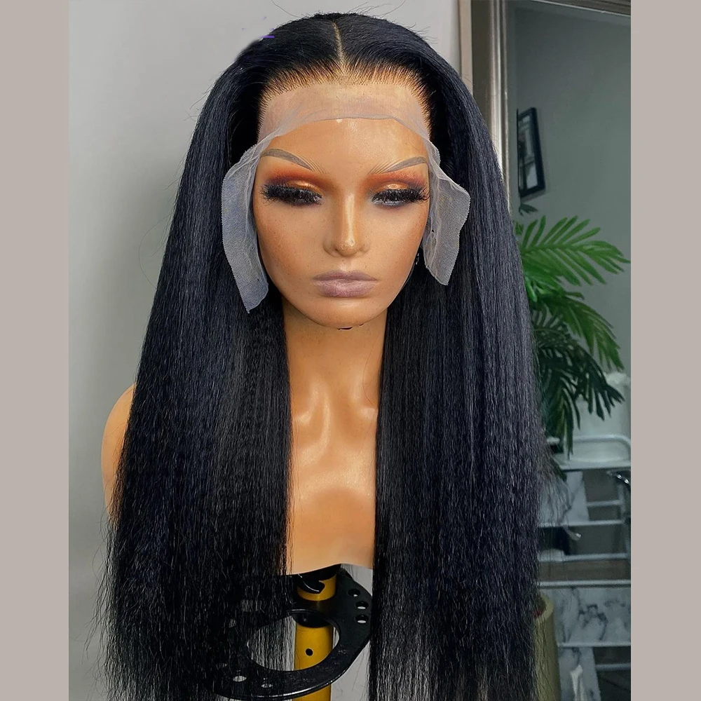

Yaki 26Inch Natural Black Soft Long 180%Density Kinky Straight Deep Lace Front Wig for Women BabyHair Glueless Preplucked Daily