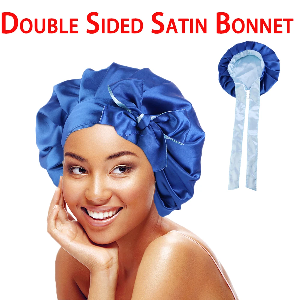 

New Women Double Layer Satin Bonnet With Long Wide Tie Doube Color Hat Hair Loss Cover Head Wrap Beauty Chemo Caps Care