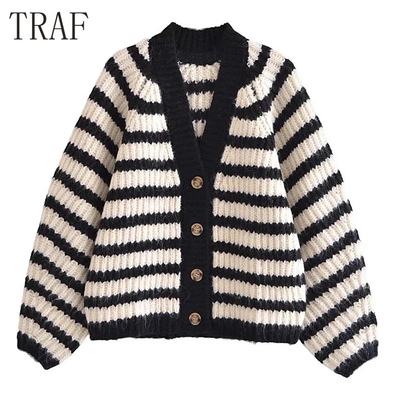 

Женский свитер в полоску Za, вязаный кардиган оверсайз с длинным рукавом, зимняя модная теплая куртка на пуговицах, 2021