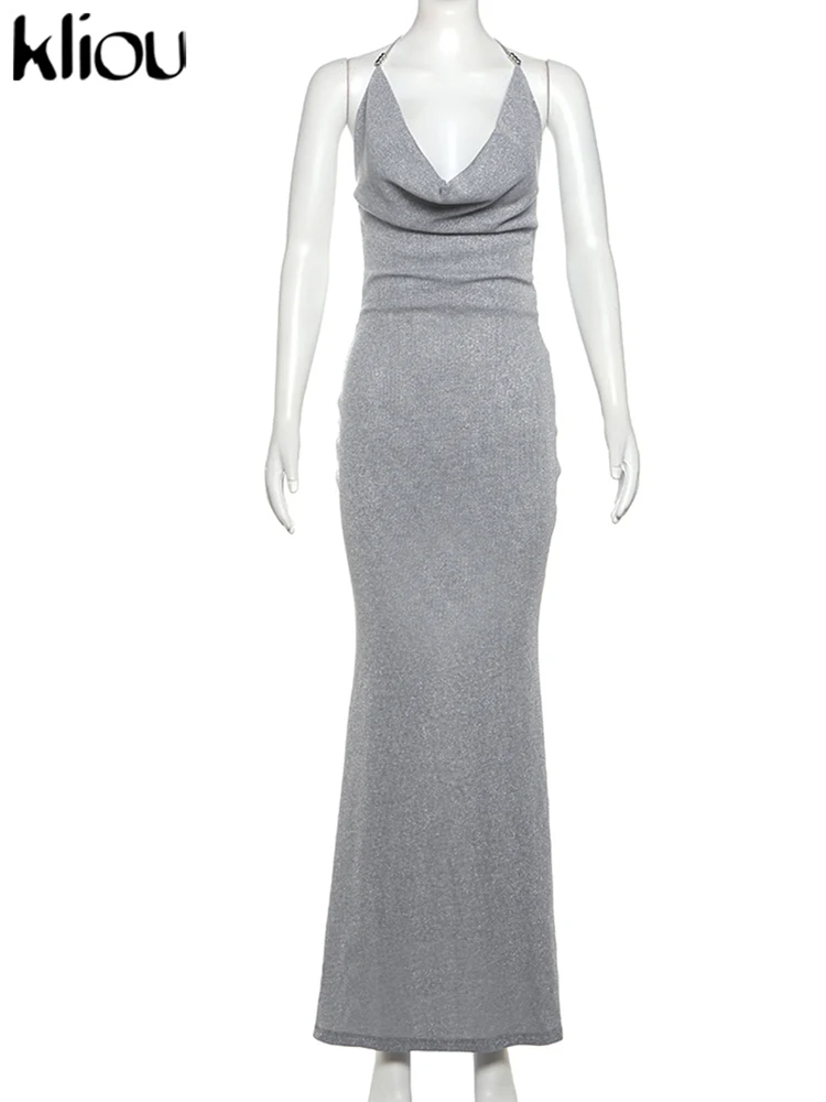 Kliou Бандажное женское платье макси с лямкой на шее сексуальное однотонное