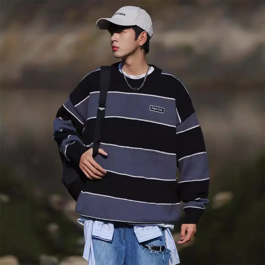Мужской трикотажный свитер в полоску свободный повседневный пуловер винтажном
