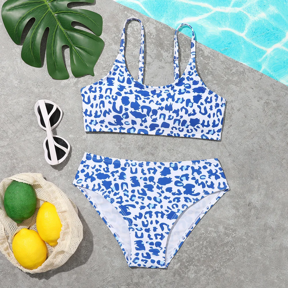 

8-12Years Girls Leopard Print Swimwear Two Pieces Girls Summer Bikini Set Children Tankini Suit Beachwear Kids Casual Swimsuit