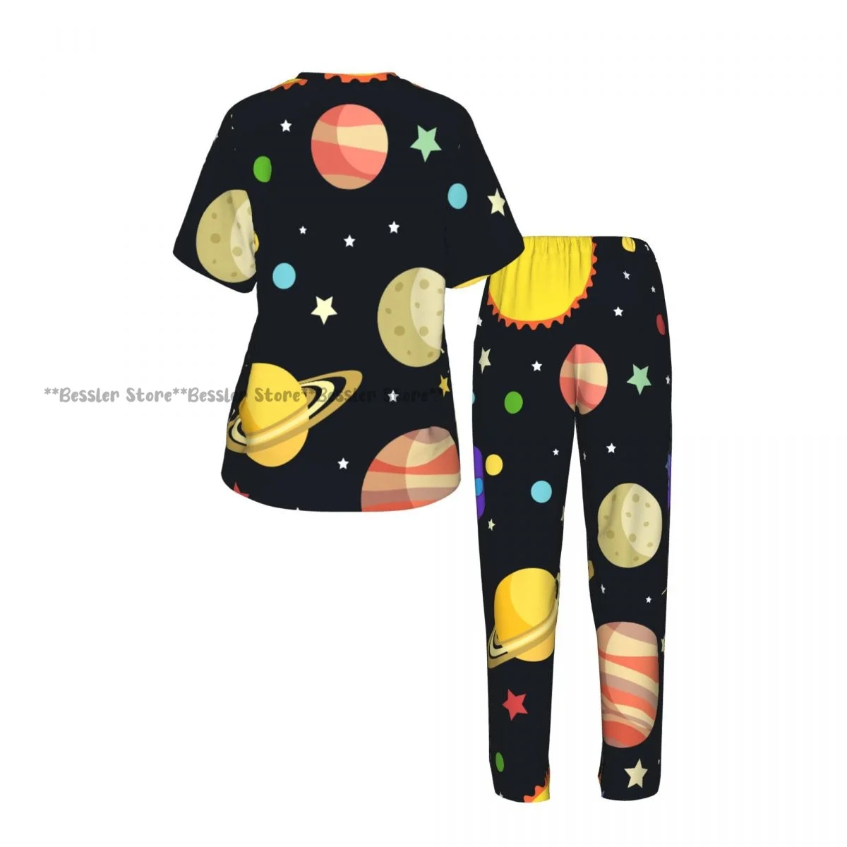 Фото Женский пижамный комплект с принтом космических планет, звезд, комет и созвездий, с коротким рукавом, 2 предмета, для дома и отдыха №3