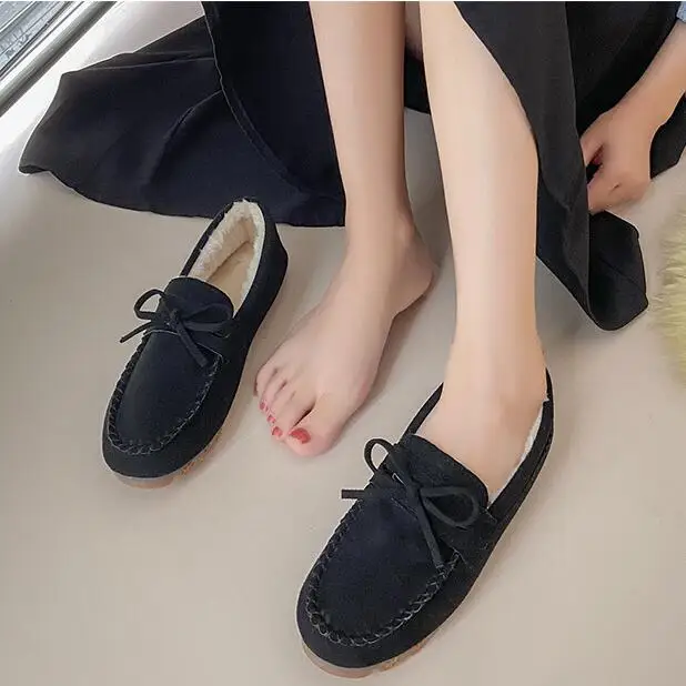 Winter Women Casual Flat Shoes Moccasins Soft Loafers Women's Comfort Warm Plush Bow Slip on Female Cotton Shoes