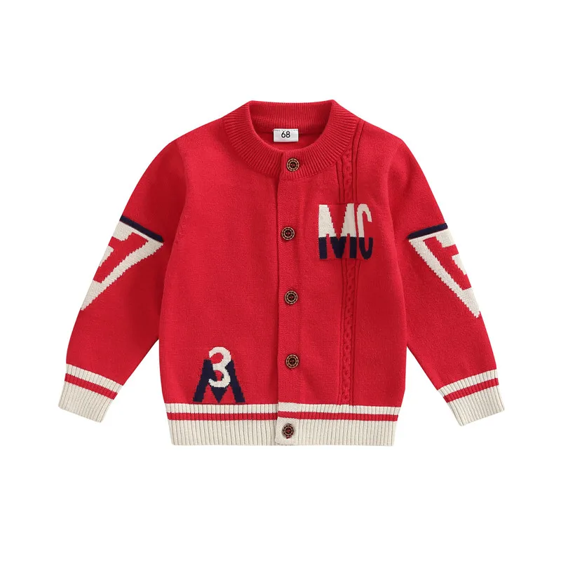 

Infant Baby Girl Boy Cardigan Letter Number Print Contrast Color Knitted Baseball Jacket Coat Fall Winter Long Sleeve Outerwear