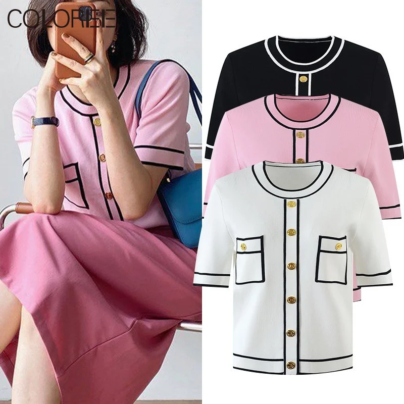 Summer Luxury Gold Buttons Knitwear Women 2022 Casual Elegant O-neck Short Sleeve White Black Pink Cardigan Mujer Pull Femme