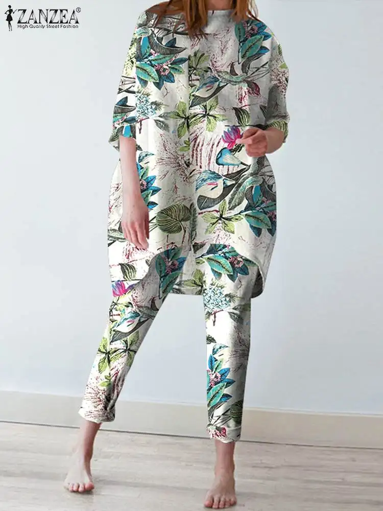 ZANZEA Bohemian Elastic Urban Pant Trousers 2PCS Women Summer Floral printed Matching Set 3/4 Sleeve O-Neck Irregular Hem Blouse
