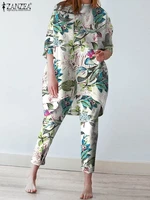 zanzea bohemian elastic urban pant trousers 2pcs women summer floral printed matching set 34 sleeve o neck irregular hem blouse
