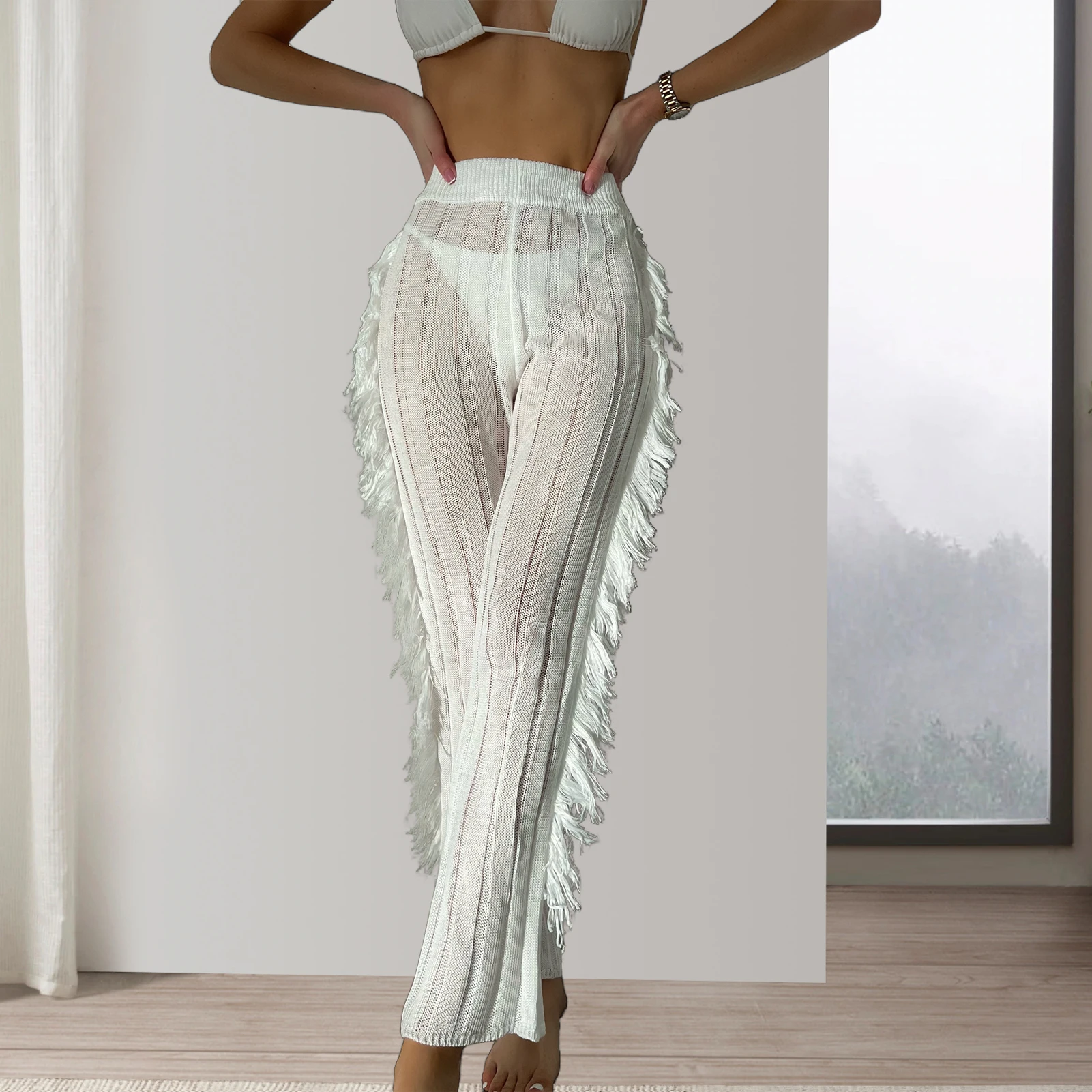 

Женские облегающие брюки, элегантные длинные брюки с белыми перьями и бахромой, Y2k, уличная одежда