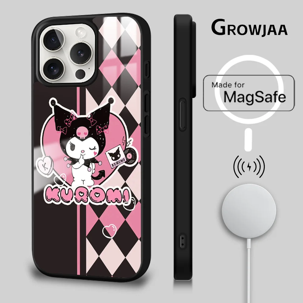 Чехол для телефона Kuromi Pink Check Magsafe iPhone 15 14 13 12 11 Pro Max Plus мини-зеркало беспроводная