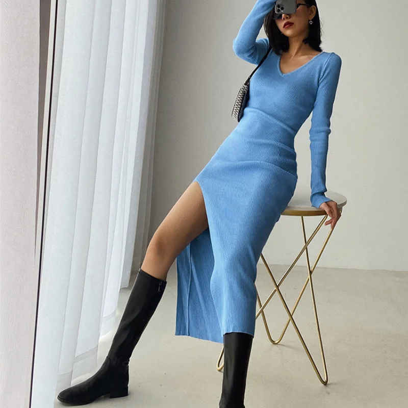 

2023 Fashion Woman Street Wear Spring Sexy French Slit Sweater Dress Female Slim Tight-Fitting Hip-Knit Over-The-Knee Dresses