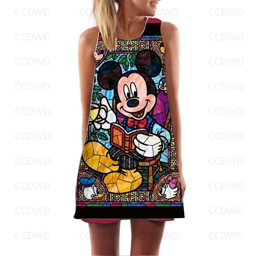 

Minnie Mouse Women's Summer Sundresses Print Dresses Woman 2022 Sexy Y2k Boho Sleeveless Cover-ups Mini Dress Beach Mickey Party