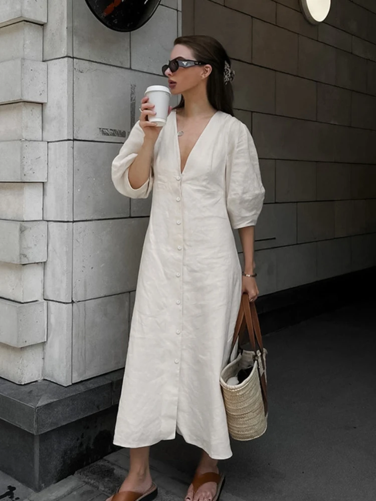 

Women's Dress Casual Cotton Linen Backless Loose V-neck Shirt Pattern French Bubble Sleeve Lace-up A-Line Long Dress for Women