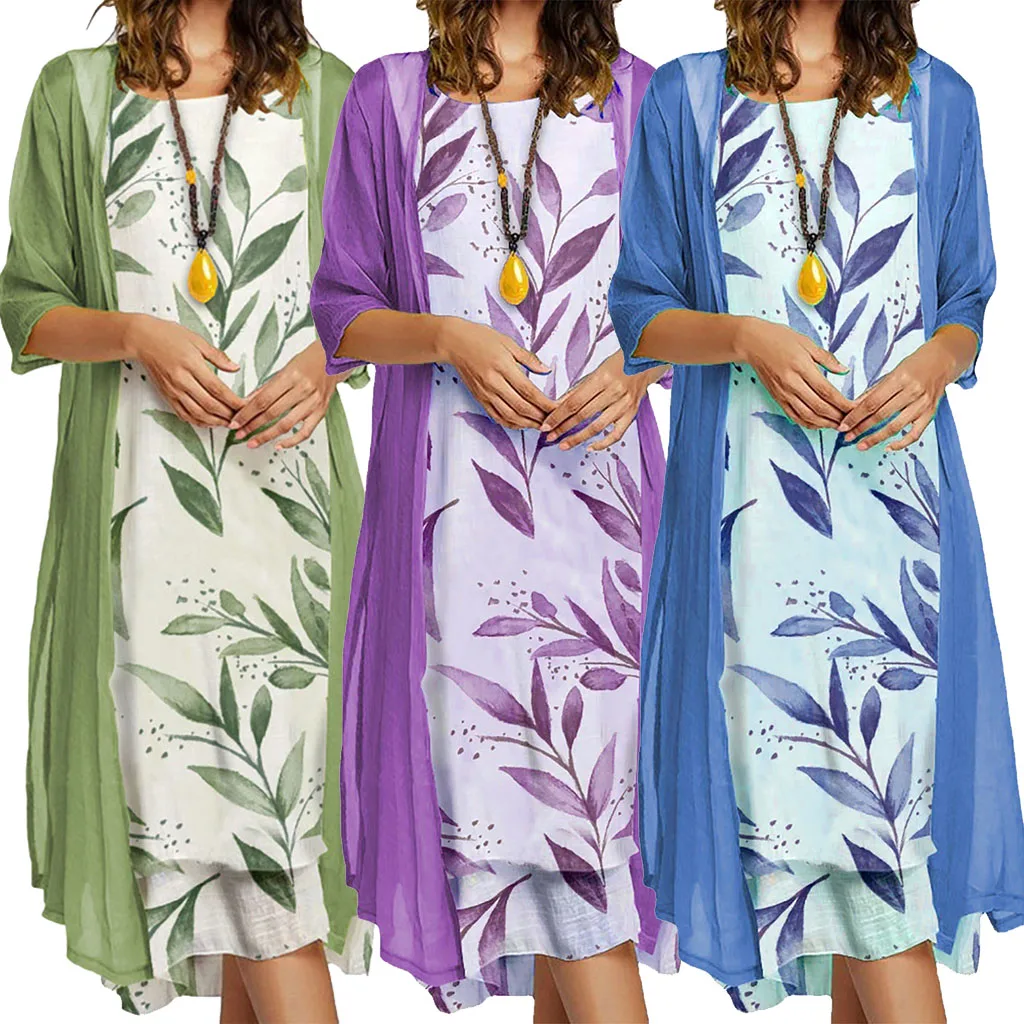 Элегантный Винтажный Комплект Миди С Принтом Женский Свободный Кардиган Круглым