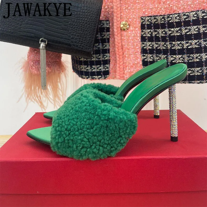 

2023 Summer New Wool Fur Pointy Toe High Heel Slippers Women Brand Designer Rhinestone Heel Mules Sexy Party Dress Slides Shoes
