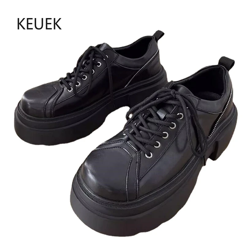 

Мужские кожаные кроссовки на толстой подошве, черные повседневные рабочие туфли дерби на платформе, со шнуровкой, для весны и лета, 2019