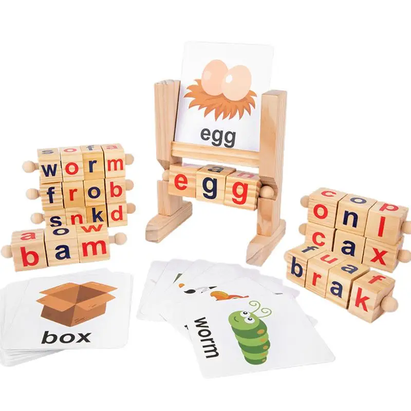 

Montessori Phonetic Reading Blocks Spinning Alphabet Letter Blocks With Flashcards Learning Word Memory Rack Rotating Letter Puz
