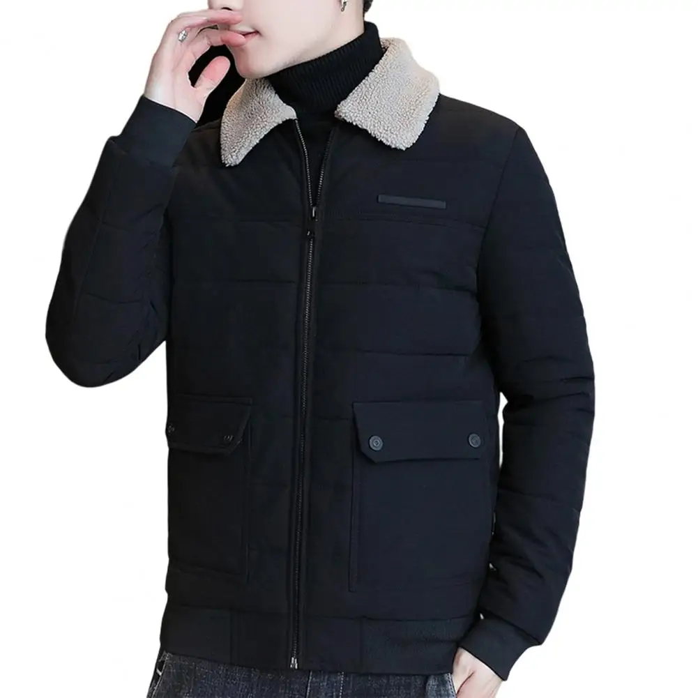 Men Winter Coat Solid Color Thicken Pockets Zipper Turn-down Collar Keep Warm Cardigan Plus Size Elastic Cuff Autumn Coat Male C