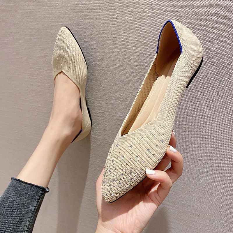 Autumn Shallow Mouth Casual Shoes Rhinestone Breathable Woven Boat Shoes Woman Knit Pointed Shoes Women's Flat Shoes Ballet Shoe