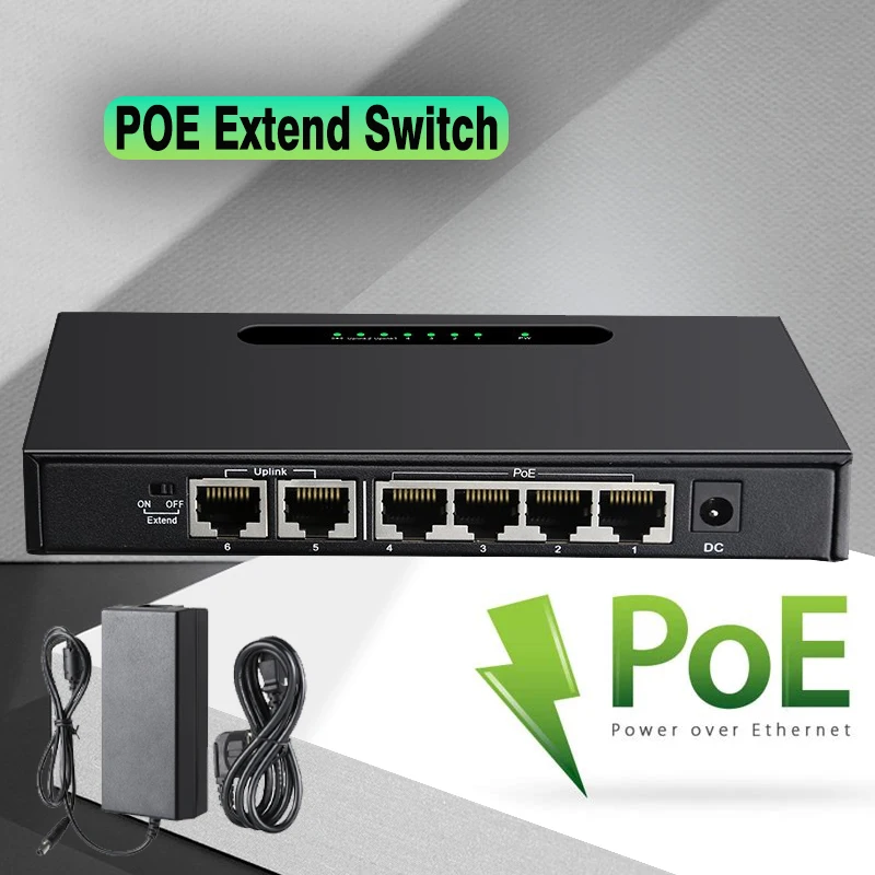

4+2Port POE Switch Ethernet Switch HUB RJ45 Network Switch 100Mbps Dual Uplink Amplifier Extender for NVR Video Camera 52V Power