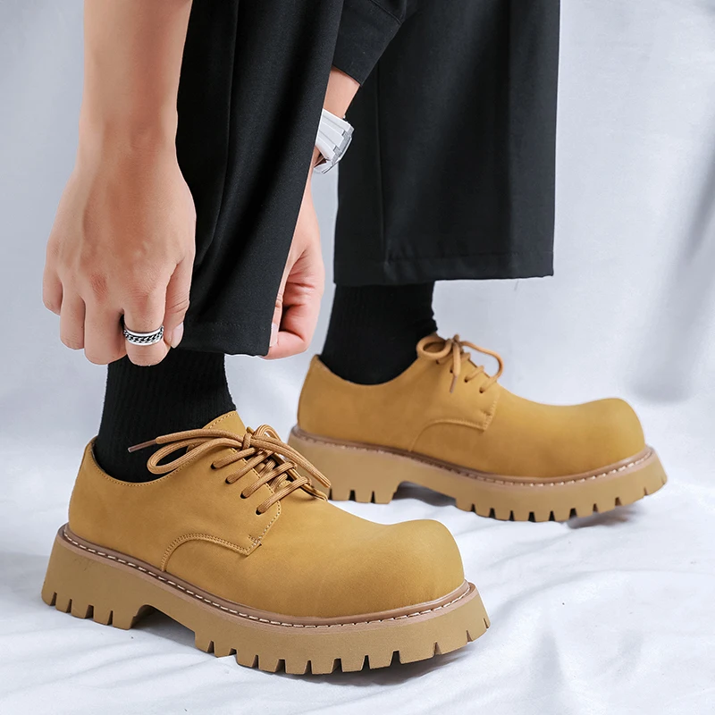 Брендовые черные официальные полукожаные туфли дерби на толстой подошве для