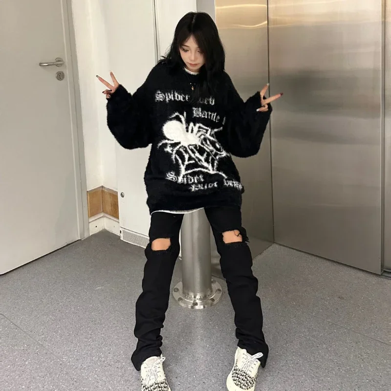 Ameican Ретро вязаные пуловеры женские с принтами паука уличная одежда в стиле панк