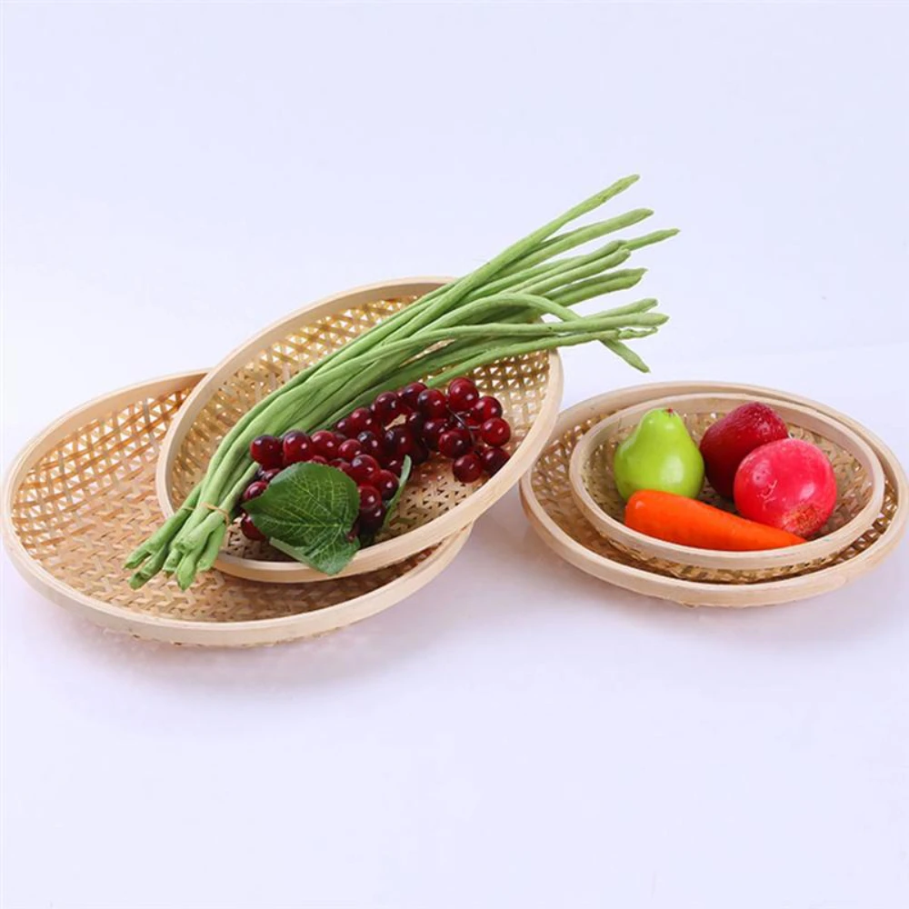 

Handmade Woven Bamboo Basket Dessert Storage Tray Cake Plate Picnic Basket Kitchen Organizer Accessories Home Storage Basket