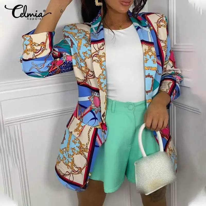 

2022 Autumn Lapel Suit Celmia Women Fashion Printed Office Jacket Holiday Long Sleeves Blazer Button Thin Outerwear Streetwears