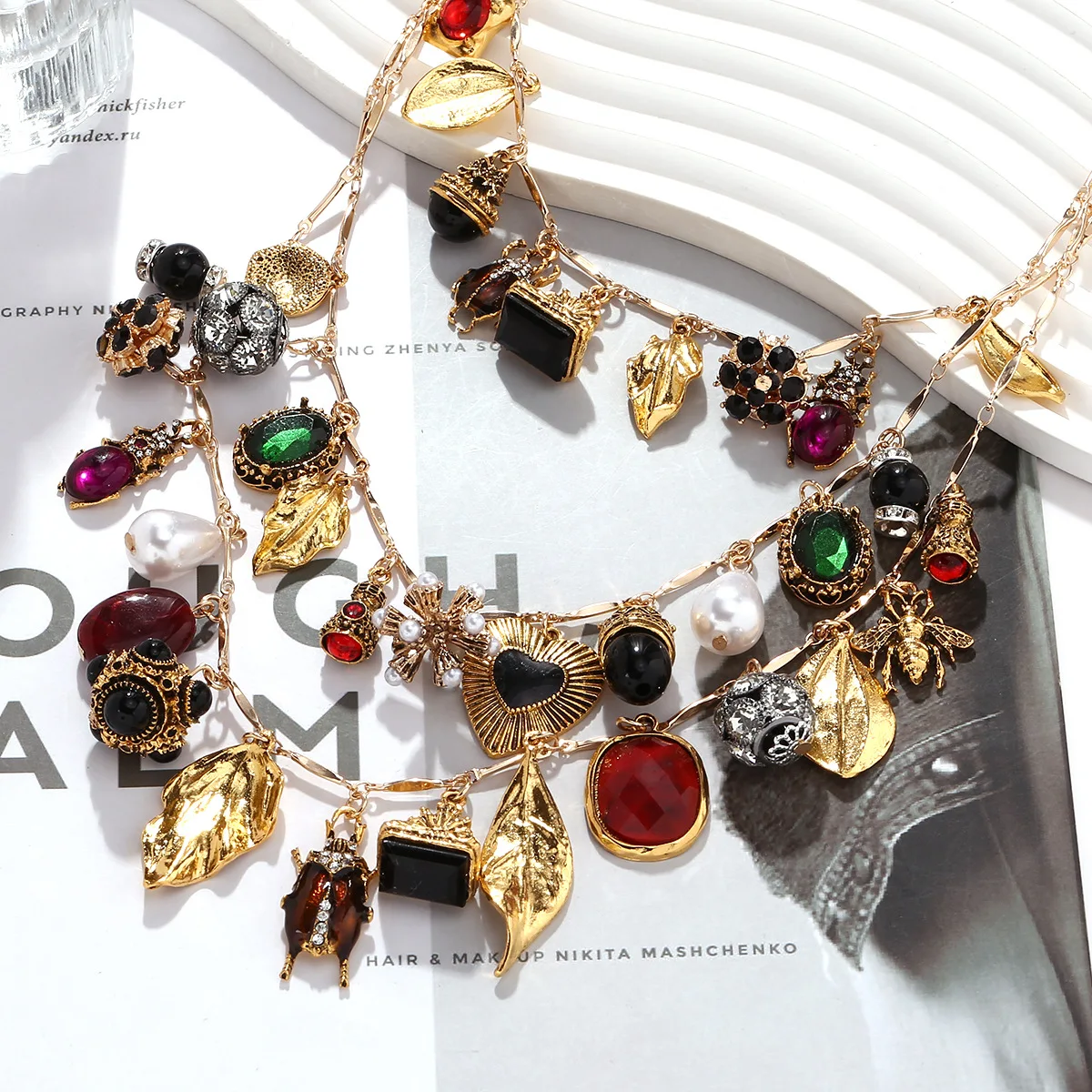 Многослойное плетёное ожерелье с подвеской в форме листа и насекомых ...