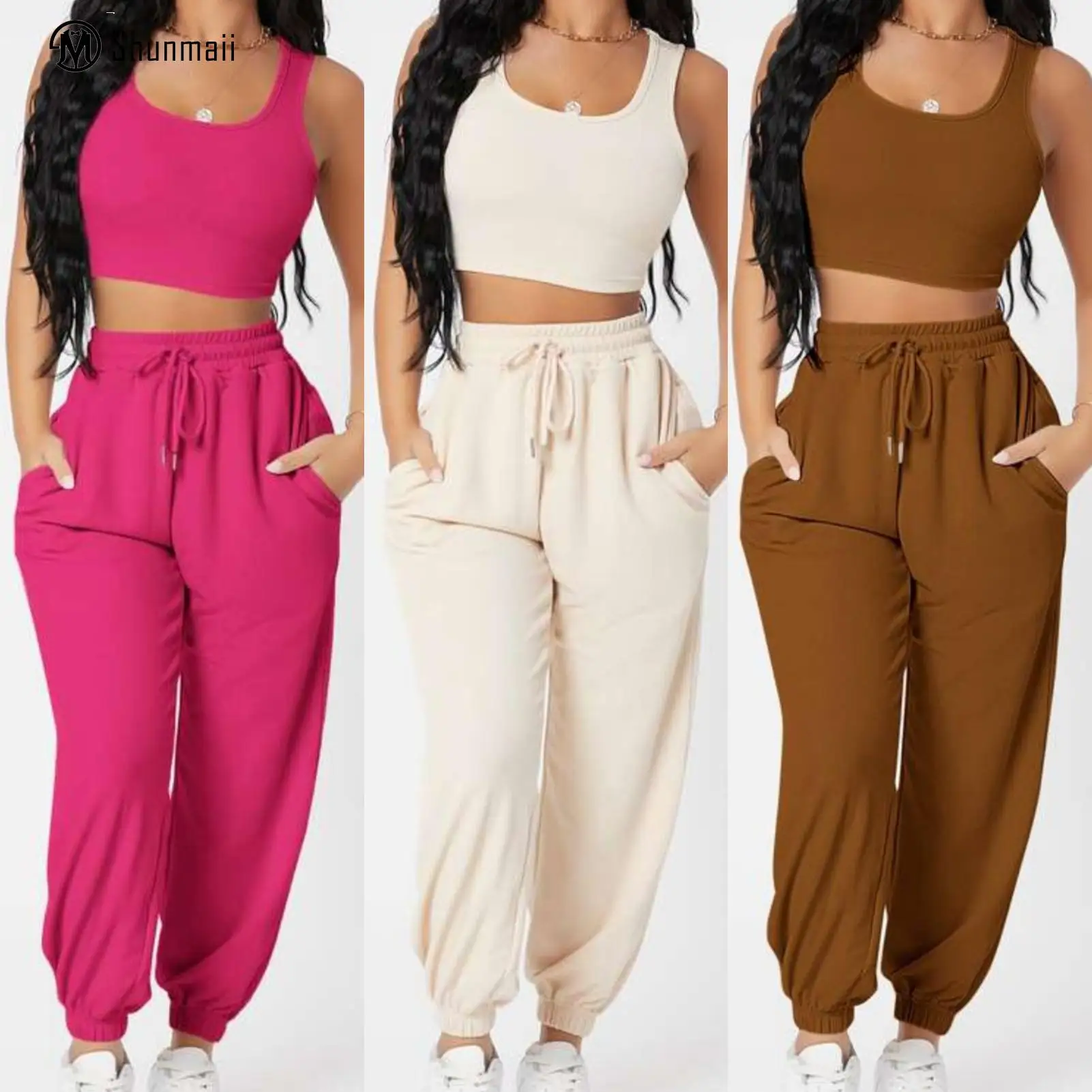 

Women Tank Top+Trousers Knitted Casual Camisole+Sports Pants Fashion Sleeveless Solid Color 2 Pieces Female Tracksuit