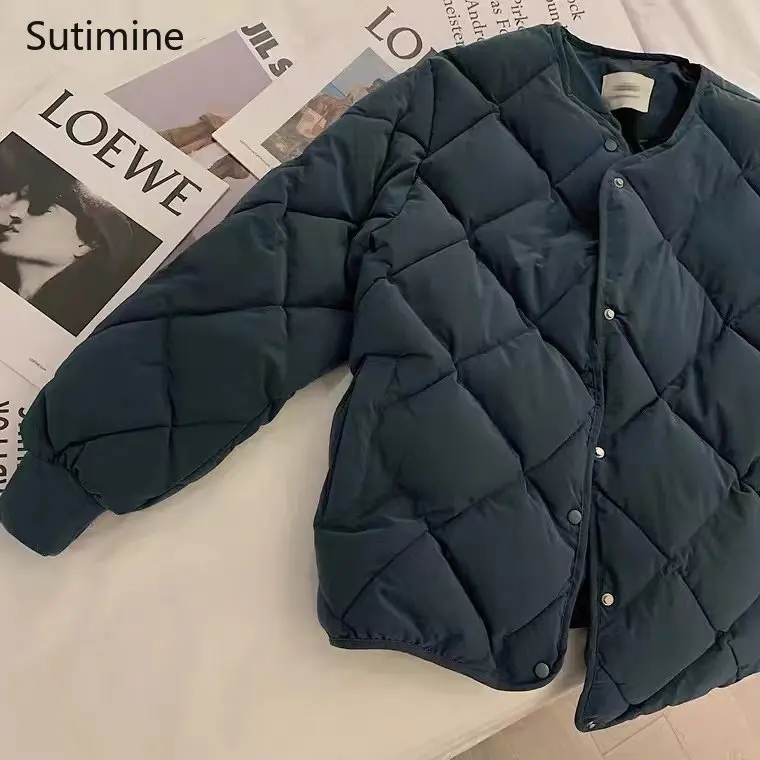 Black Down Cotton O-Neck Short Cotton Jacket for Women Pagoda Sleeve Office Lady Winter Coat for Women Korean Coat Women