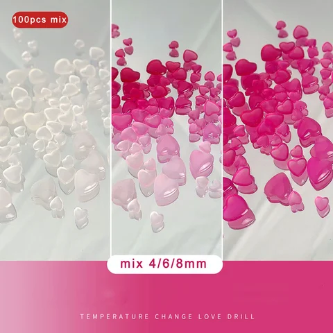 100 шт., чувствительное к ультрафиолетовому излучению сердце, 3D украшение для ногтей, смесь 4/6/8 мм, изменение цвета, стразы, драгоценные камни, кавайная смола, персиковое сердце, детали для маникюра