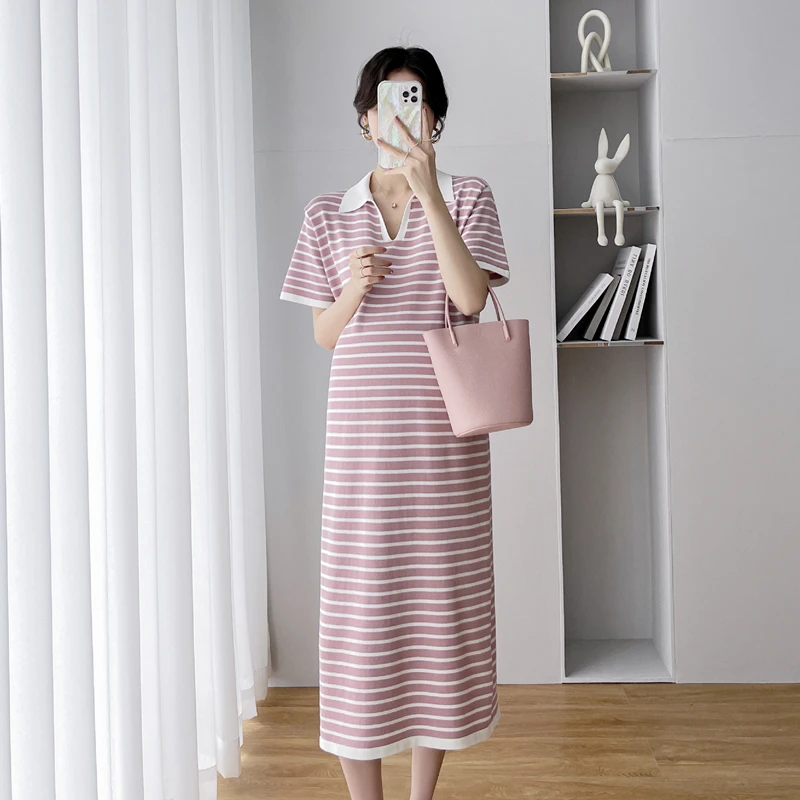 

A031# 2022 Summer Casual Ice Cool Knitted Maternity Long Dress Breathable Loose Straight Clothes for Pregnant Women Pregnancy