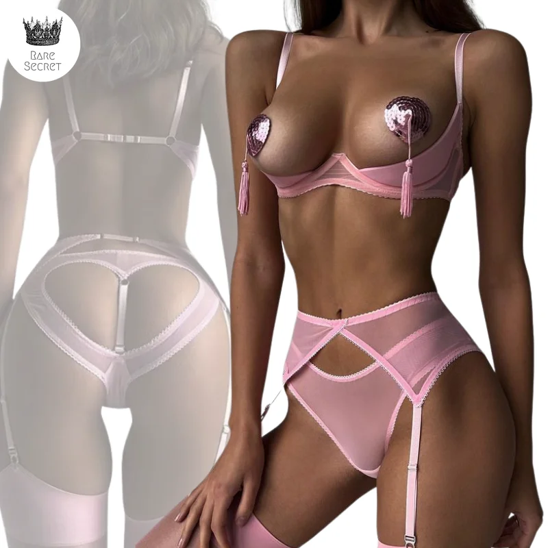

Erotic Lingerie Open Bra Kit Push Up Sexy Sensual Underwear 3-Piece Heart Hollow Crotchless Panties Garter Intimate Panty Set