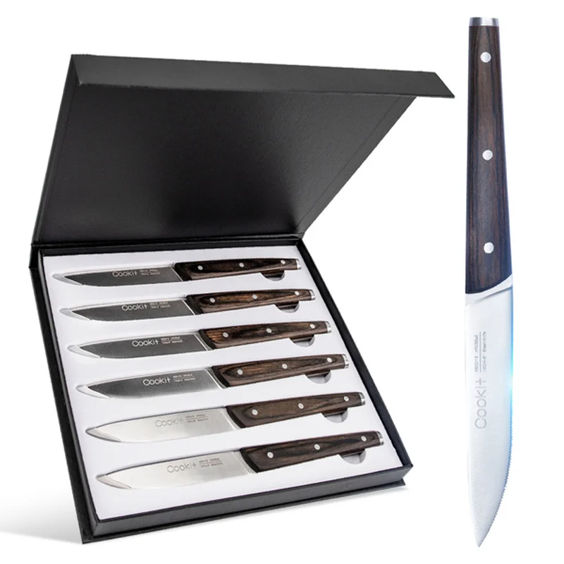 

6Pcs Steak Knife Set Serrated Stainless Steel Utility with Wooden Handle for Home Dining Restaurant