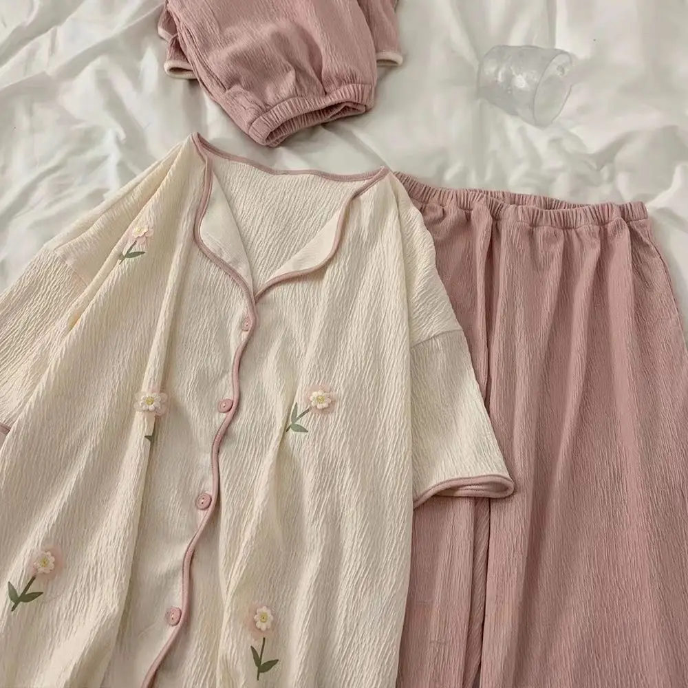 1 Hua Hua Pajamas Women's Summer Three Piece Set Cotton Short Sleeve Spring and Autumn Home Furnishing Set