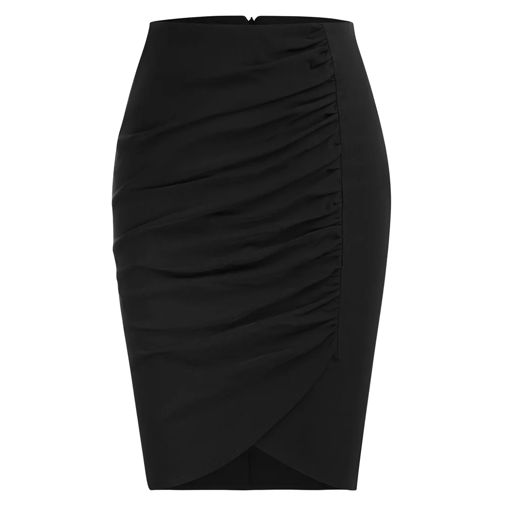 

BP Women Vintage Ruched Skirt High Waist Stretchy Short Pencil Bodycon Skirt Solid Wrap Hem Hips-Wrapped Mini Skirt A50