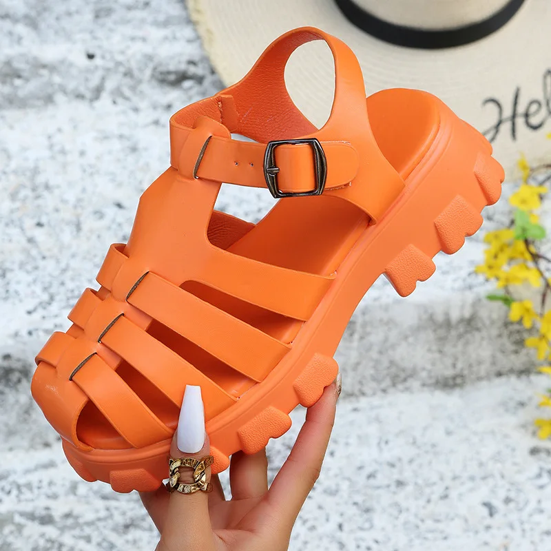 Summer Women 5.5cm Platform PU Leather Girls Sandals Roman Pumps Non-slip Beach Shoes Vacation Travel Shoes