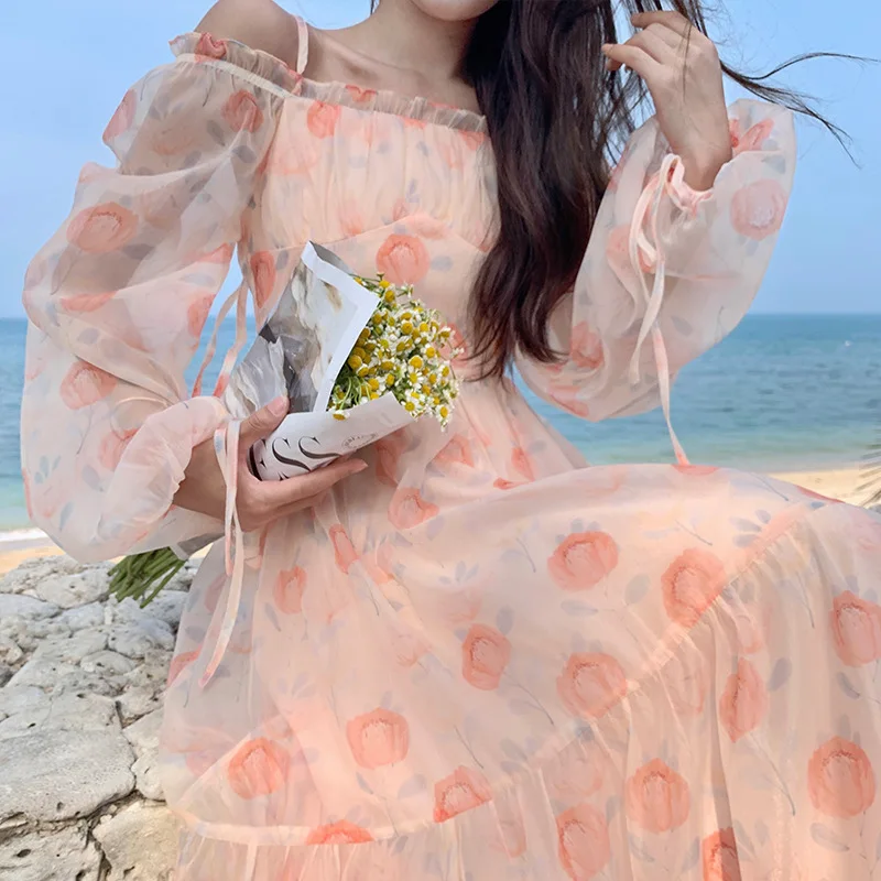 

2022 Spring and Summer New Women's French Pink Floral Dress Long Sleeve Sexy One-shoulder A-line Skirt Elegant Ladies Clothes