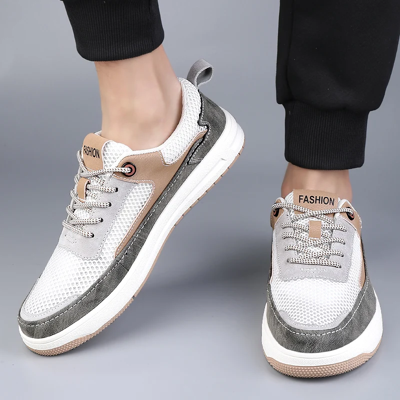 

Trendy Microfiber Hollow Mesh Men's Sport Shoes Summer Lace Up Men's Casual Shoes Outdoor Rubber Flat Sole Men's Board Shoes