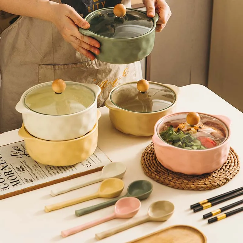 

900ML Nordic Ceramic Bowl With lid Breakfast Cereal Fruit Bowl Solid Color Dessert Soup Noodle Bowl Microwave Oven